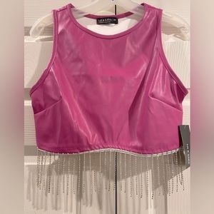 Liz & Sara size Medium faux leather crop top with dangling jewels. Hot pink